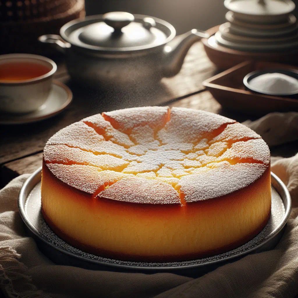 Golden slice of sweet cassava cake dusted with icing sugar