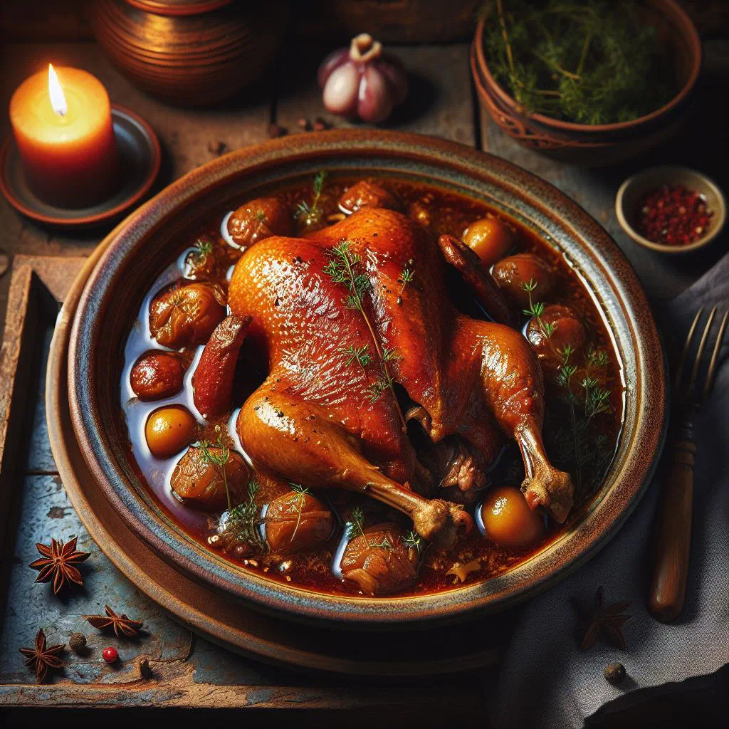 Tender duck pieces in a rich tomato sauce served with rice