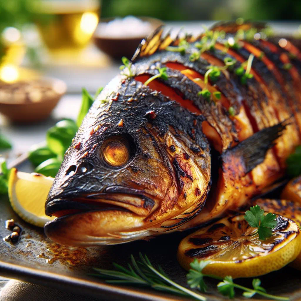 Grilled fish fillets on a barbecue, garnished with fresh herbs and lemon