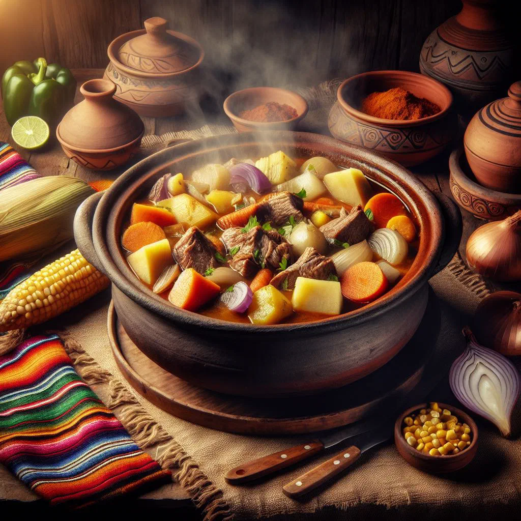 Bowl of Puchero Paraguayo with beef, chicken and vegetables in a rich broth