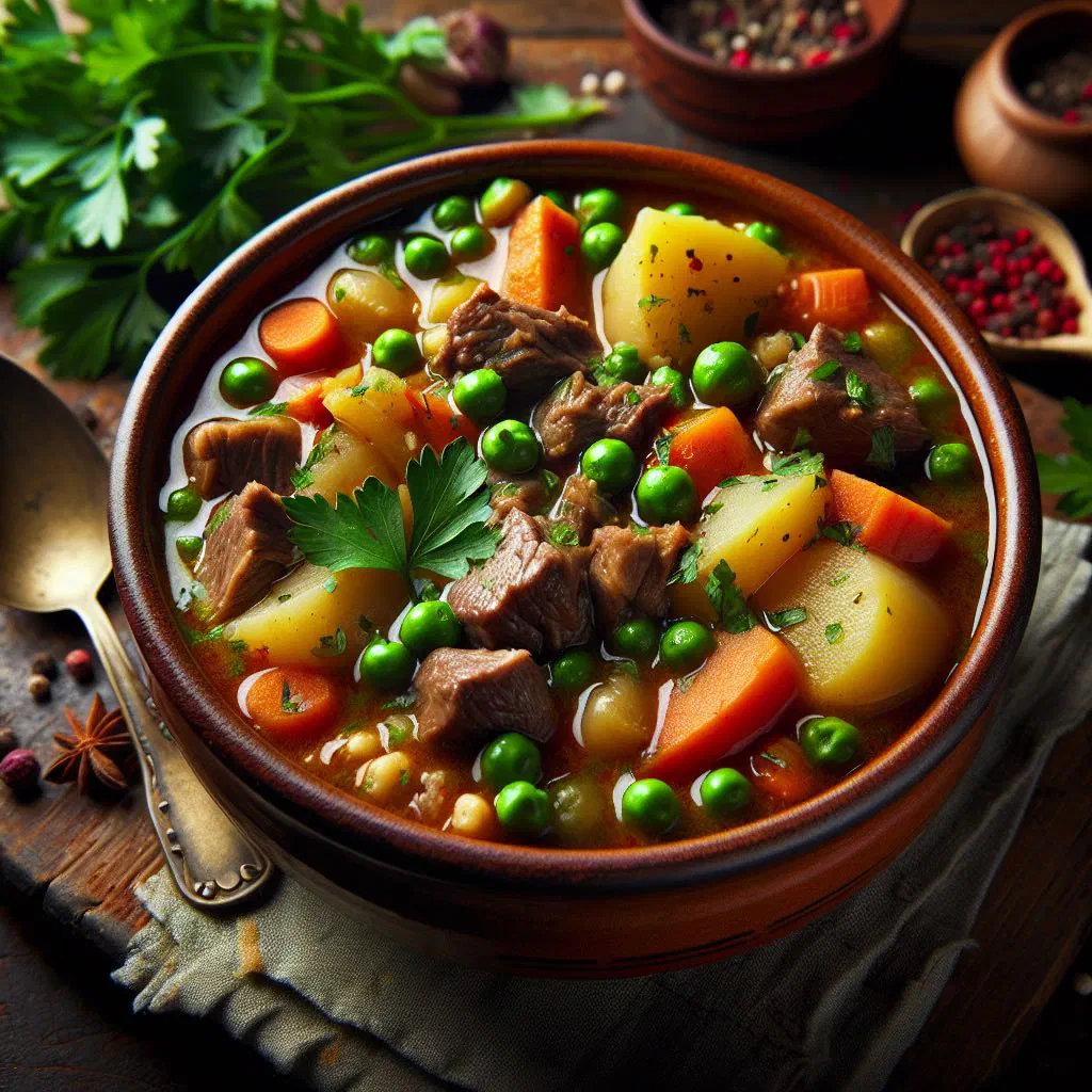 A hearty bowl of Paraguayan puchero with beef, pork and vegetables in broth