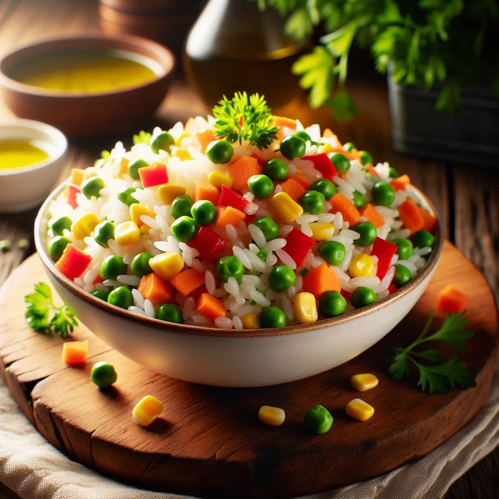 Colourful Paraguayan rice salad with carrots, peas, peppers and egg
