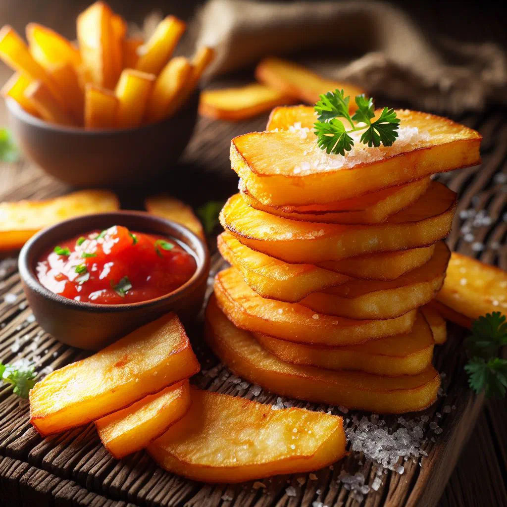 Golden fried cassava slices sprinkled with salt on a plate