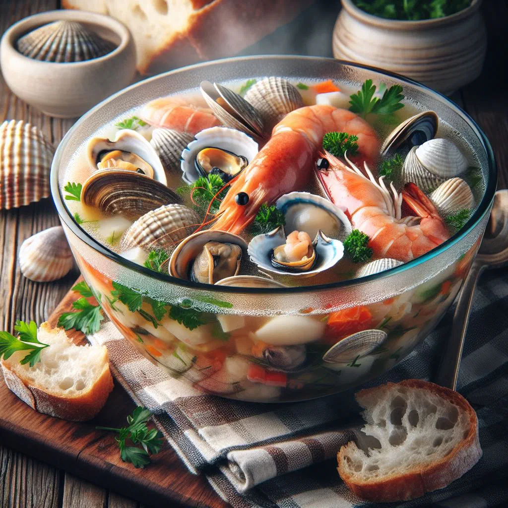 A steaming bowl of Paraguayan sopa de pescado with fish and vegetables