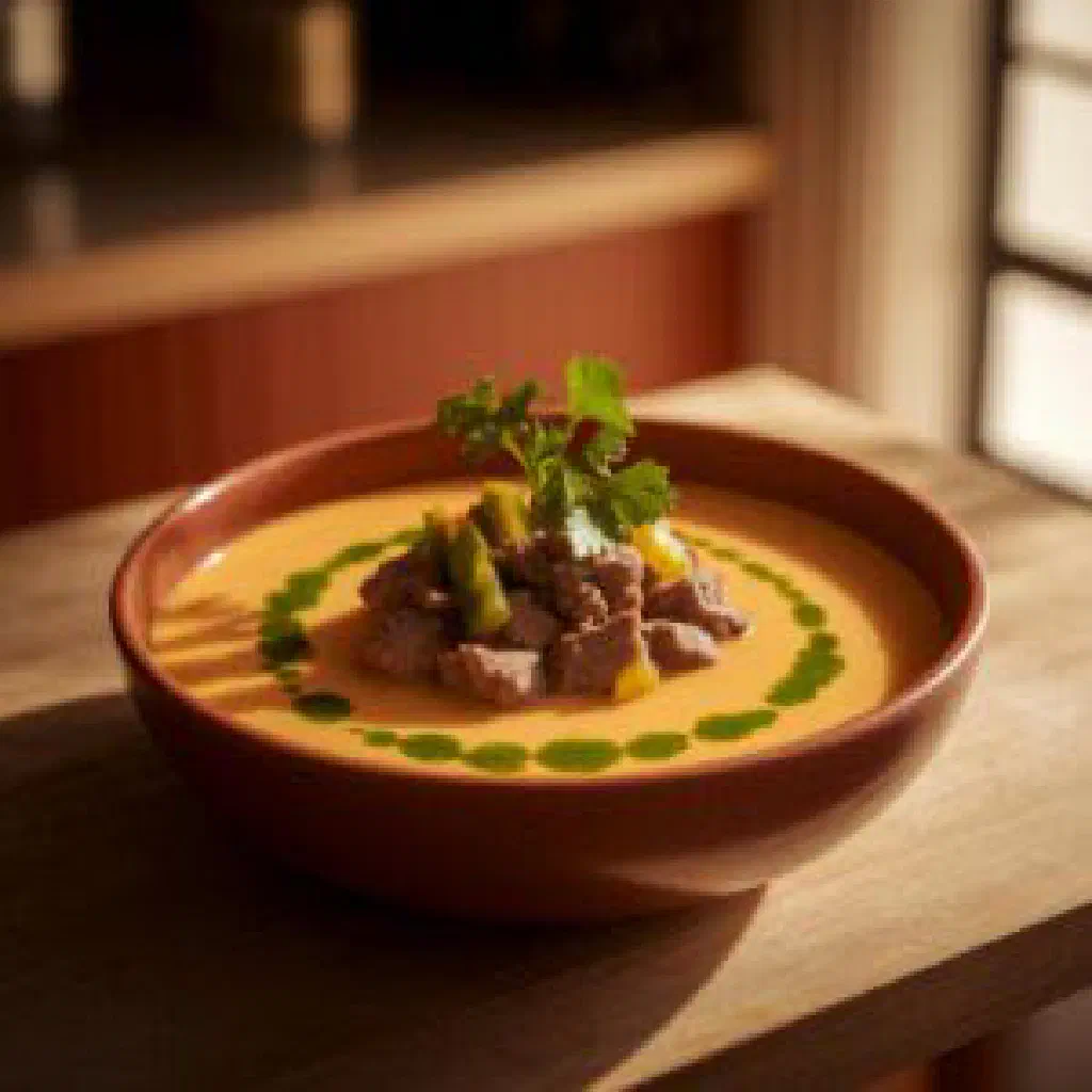 Bowl of Soyo Sopado, a hearty Paraguayan beef and vegetable stew
