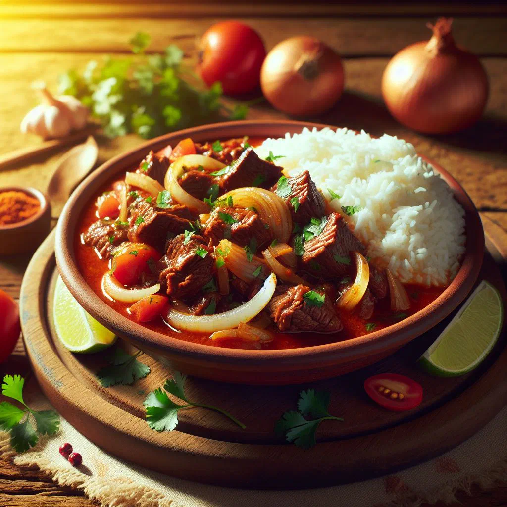 Bowl of Paraguayan sudado de carne with tender beef, potatoes and carrots in a rich broth