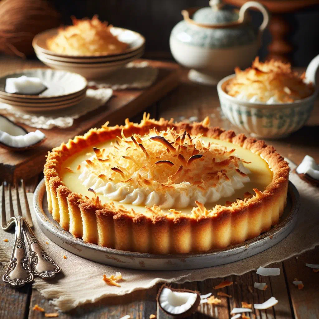 Golden-baked Paraguayan coconut tart dusted with icing sugar