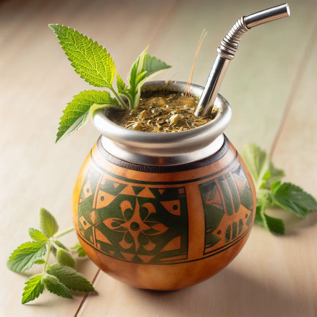 A glass of cold tereré made with yerba mate, fresh herbs and citrus