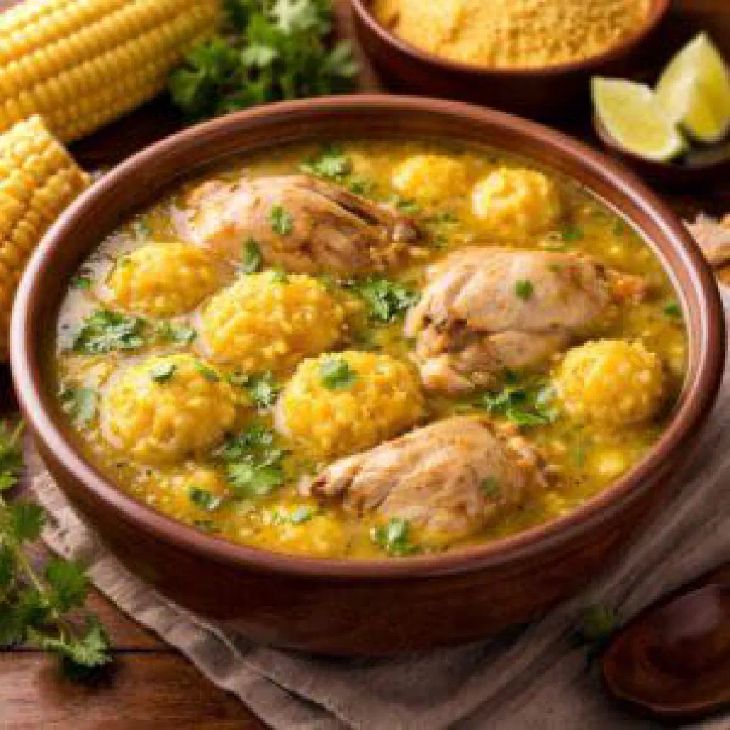 Bowl of Vorí Vorí de Pollo with little cornmeal dumplings and shredded chicken in a creamy broth