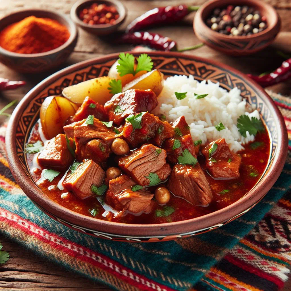 Braised Peruvian pork in a rich marinade sauce with fresh herbs
