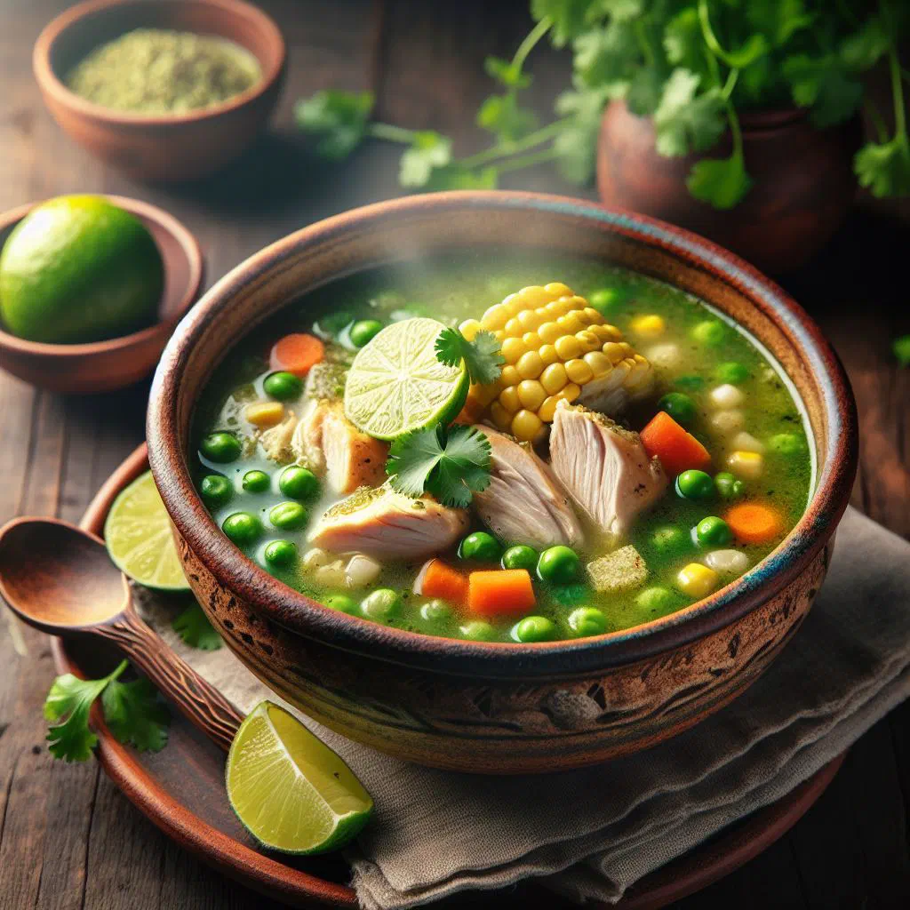 Bowl of Peruvian aguadito de pollo, a green chicken and coriander soup