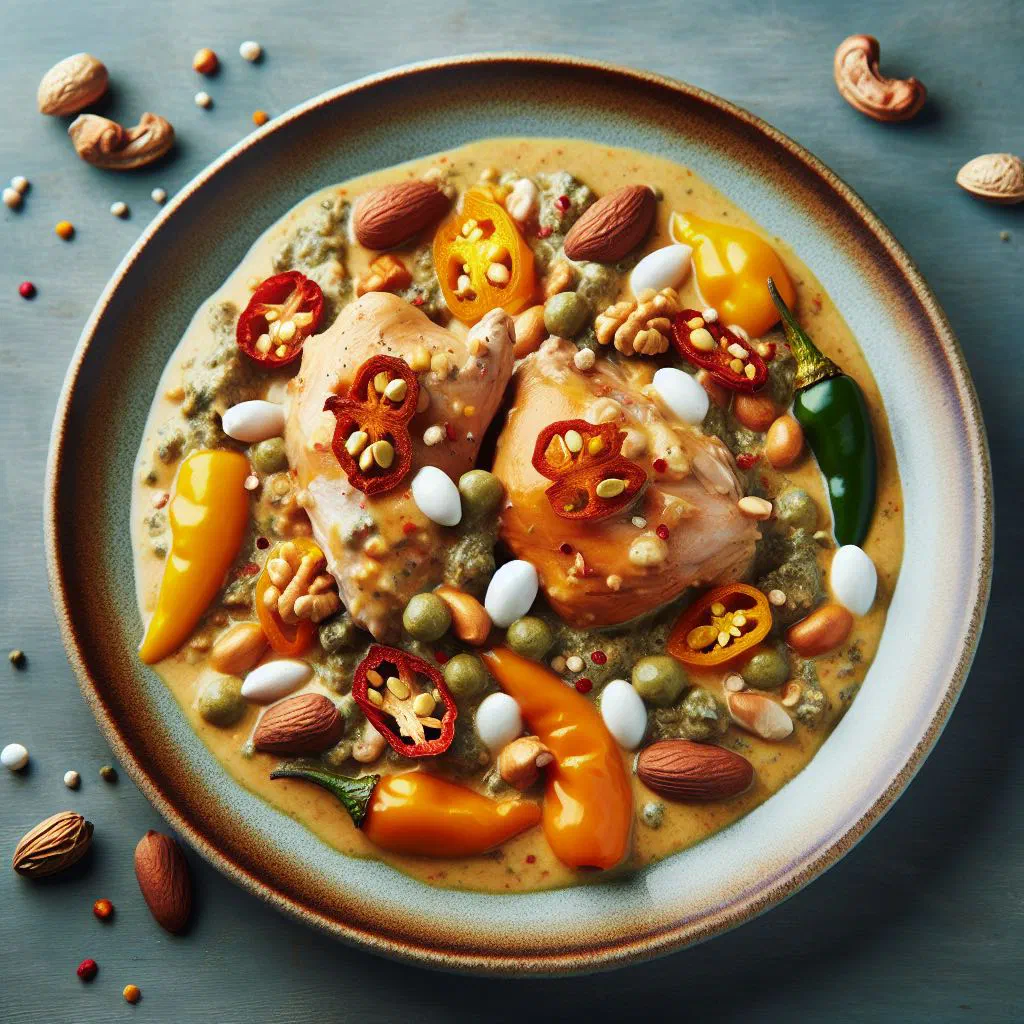 Creamy aji de gallina over sliced potatoes with boiled egg and olives