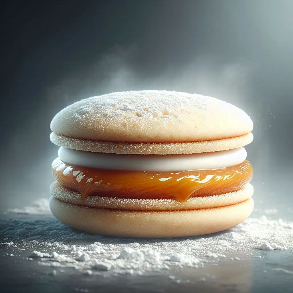 Alfajores filled with dulce de leche and dusted with icing sugar