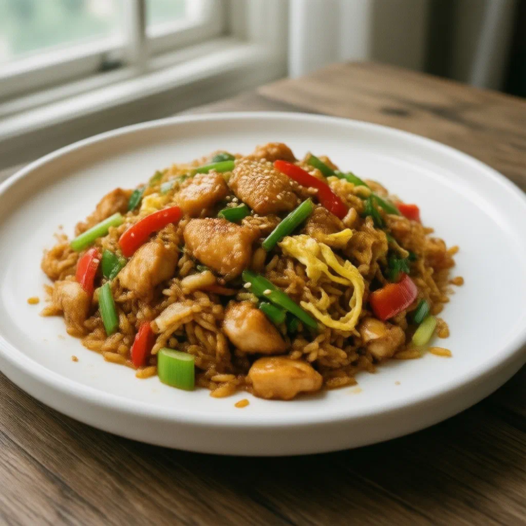 Peruvian arroz chaufa fried rice with chicken, egg and spring onions