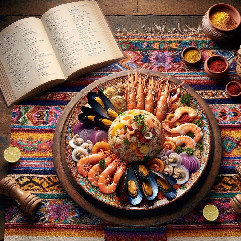Peruvian arroz con mariscos with prawns, mussels and squid over rice