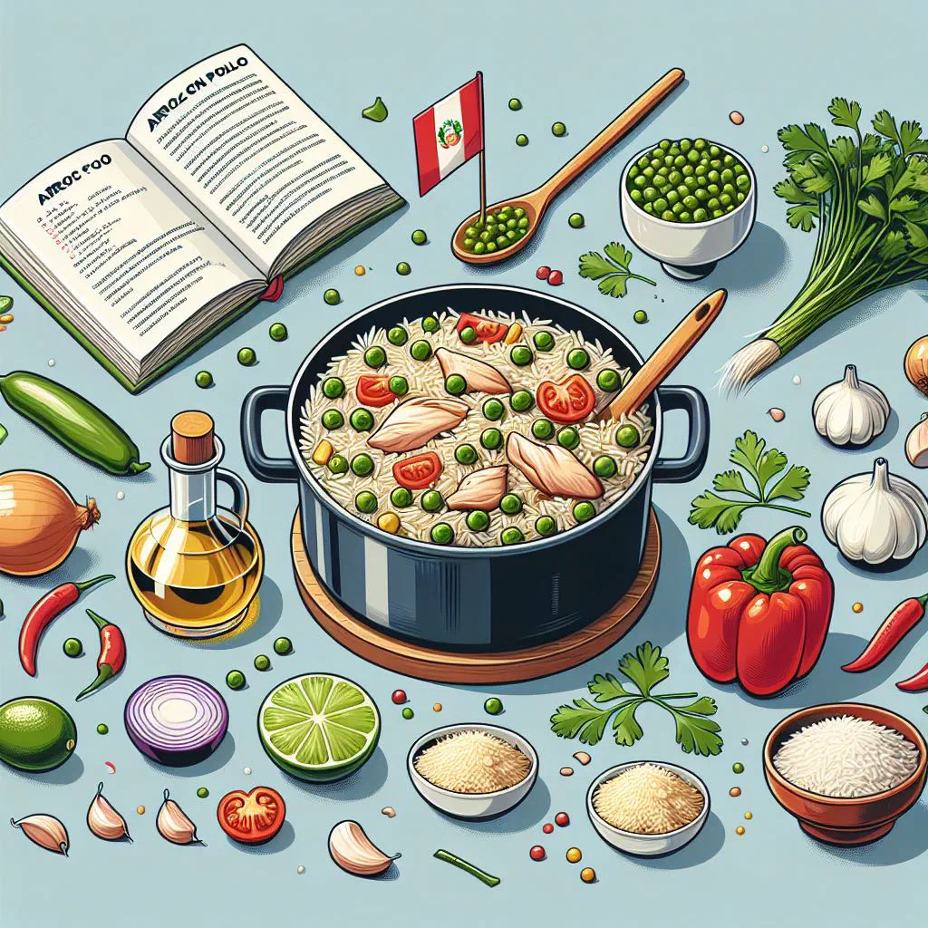 Peruvian arroz con pollo with green herb rice, tender chicken and peas