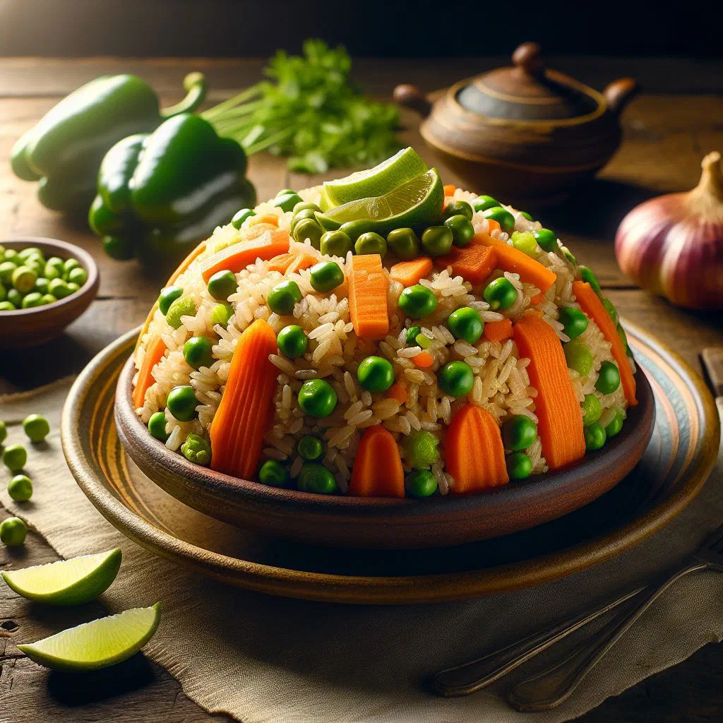 Layered rice with colourful sautéed vegetables garnished with fresh herbs