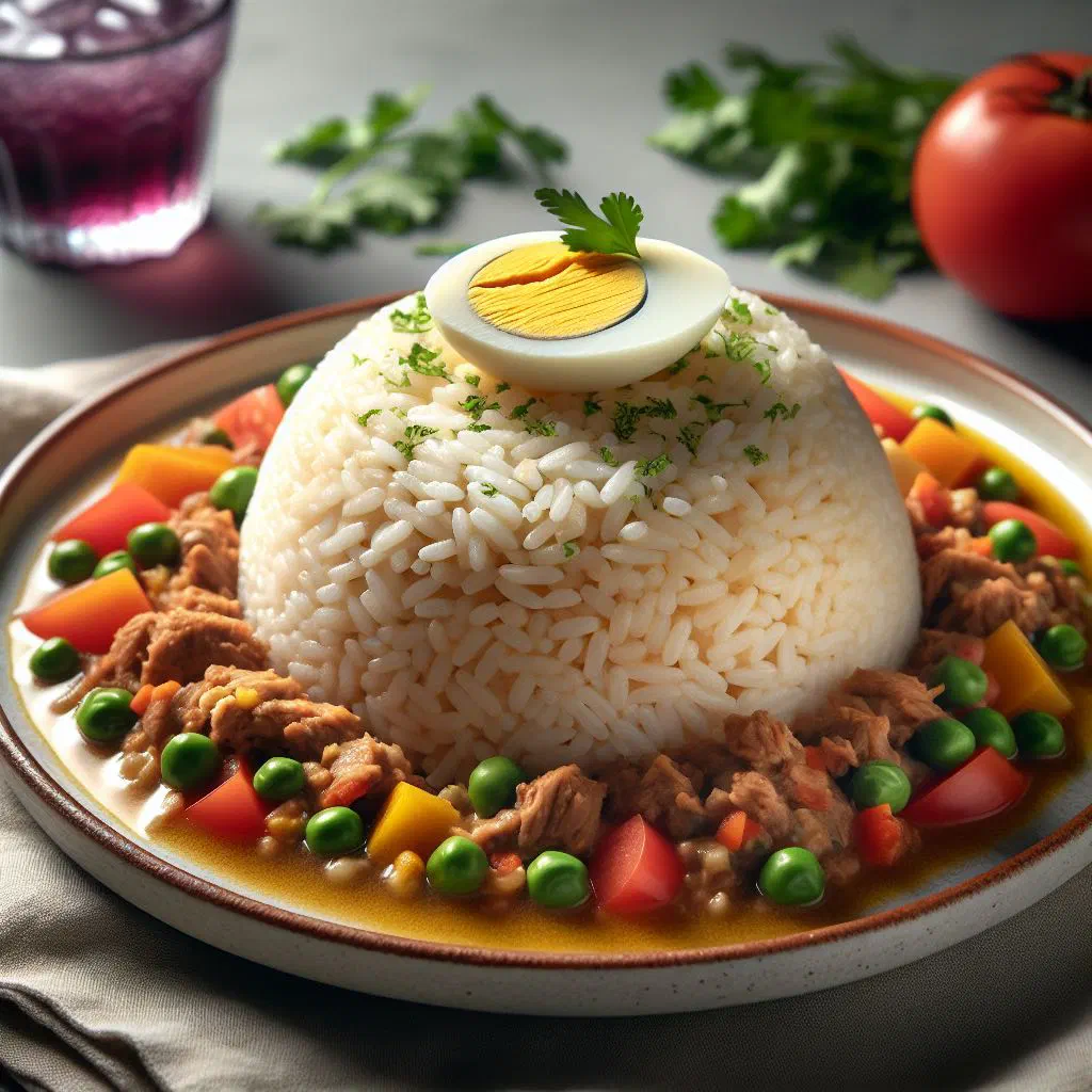 Layered rice with a spiced minced meat filling, garnished with parsley