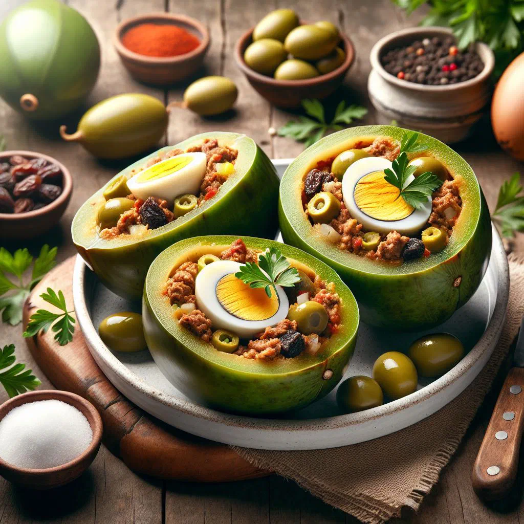 Stuffed caigua filled with minced meat and vegetables, garnished with coriander