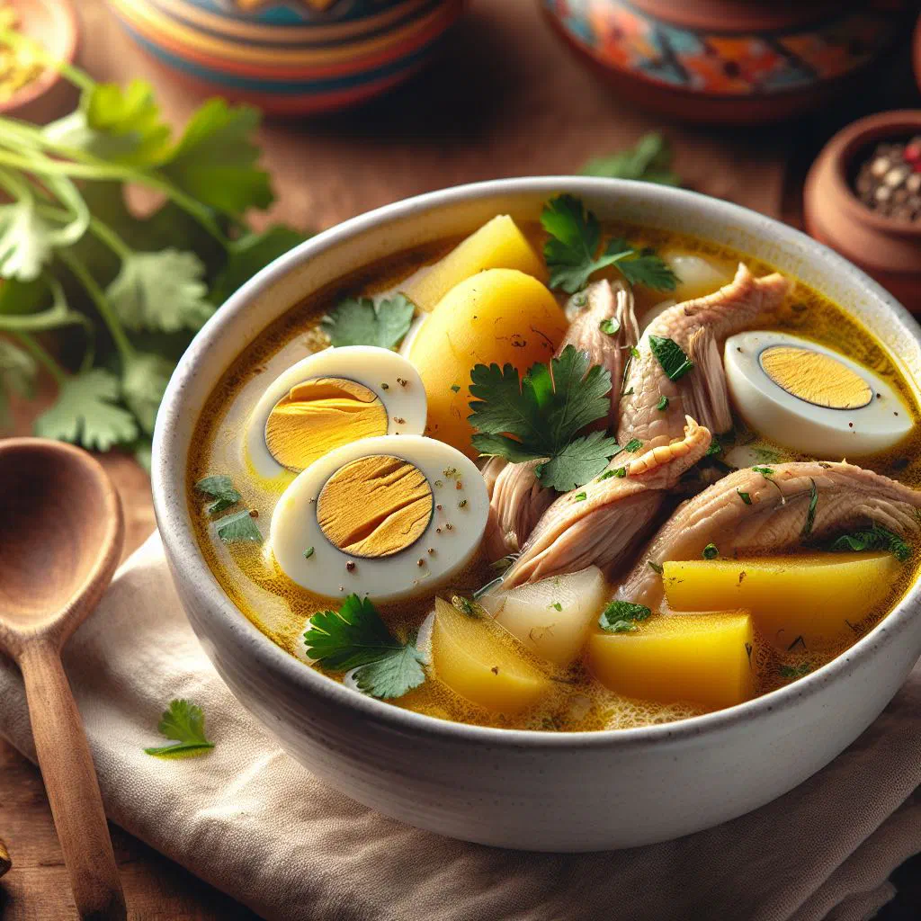 Bowl of Peruvian caldo de gallina with chicken, potato and fresh coriander