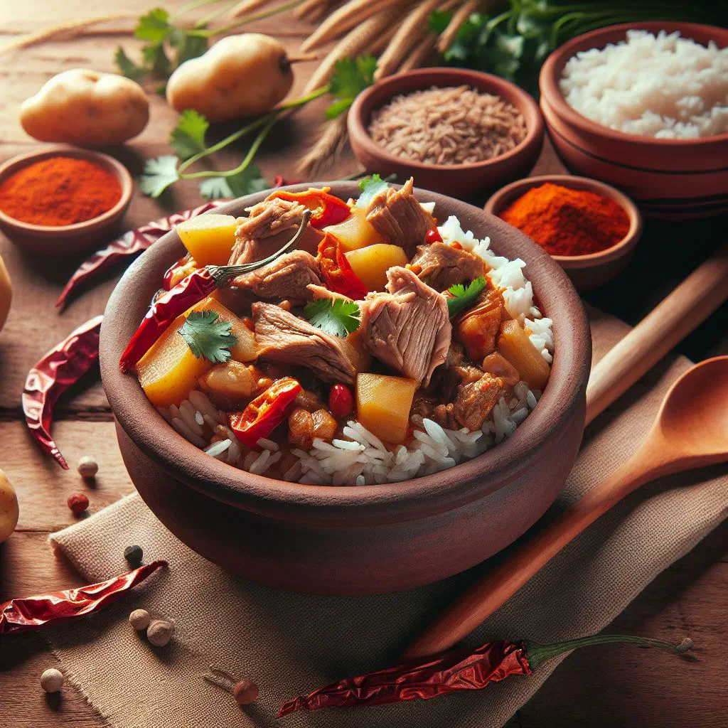Bowl of Peruvian carapulcra stew with dried potatoes and tender pork
