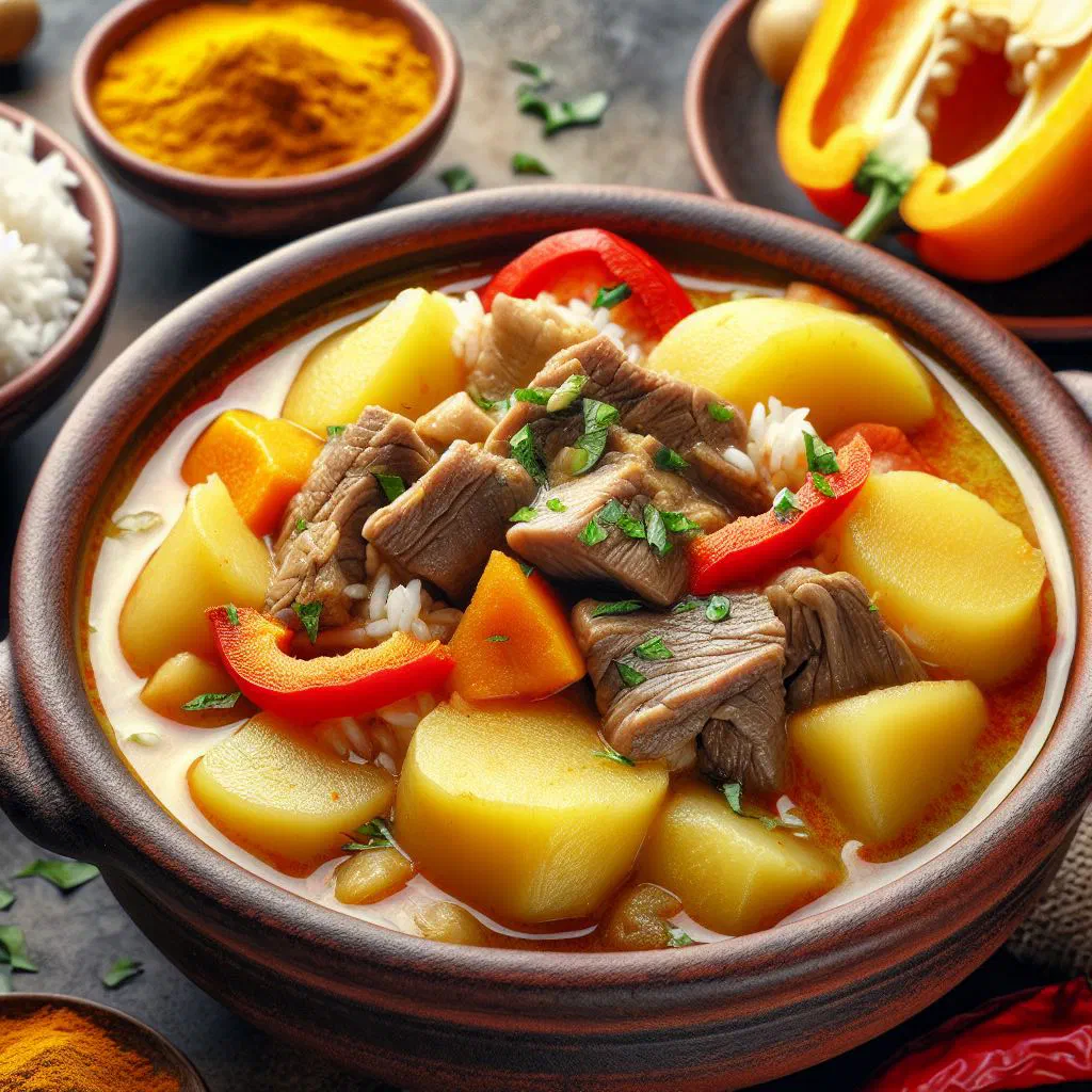 Peruvian cau cau de mondongo with tripe, potatoes and a golden mustard sauce