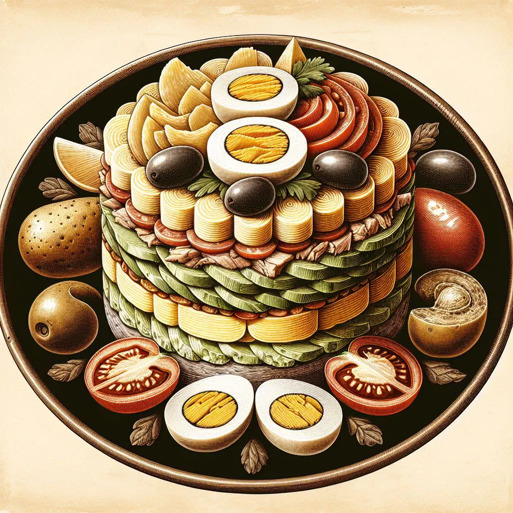 Layered causa rellena with mashed yellow potato, chicken and avocado, garnished with coriander