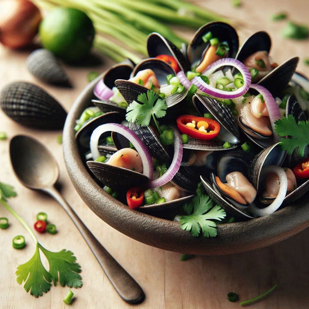 Peruvian ceviche of black clams with red onion, chilli and coriander