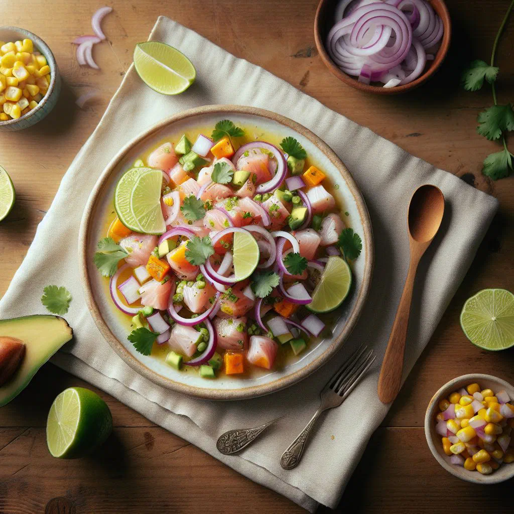 Peruvian ceviche de pescado with fish, red onion, sweet potato and corn