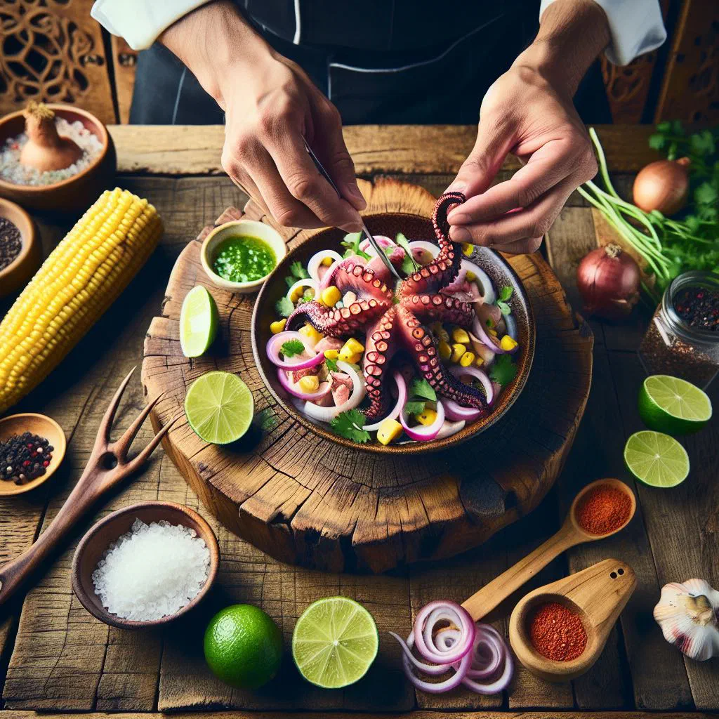Octopus ceviche with red onion, coriander and lime on a plate