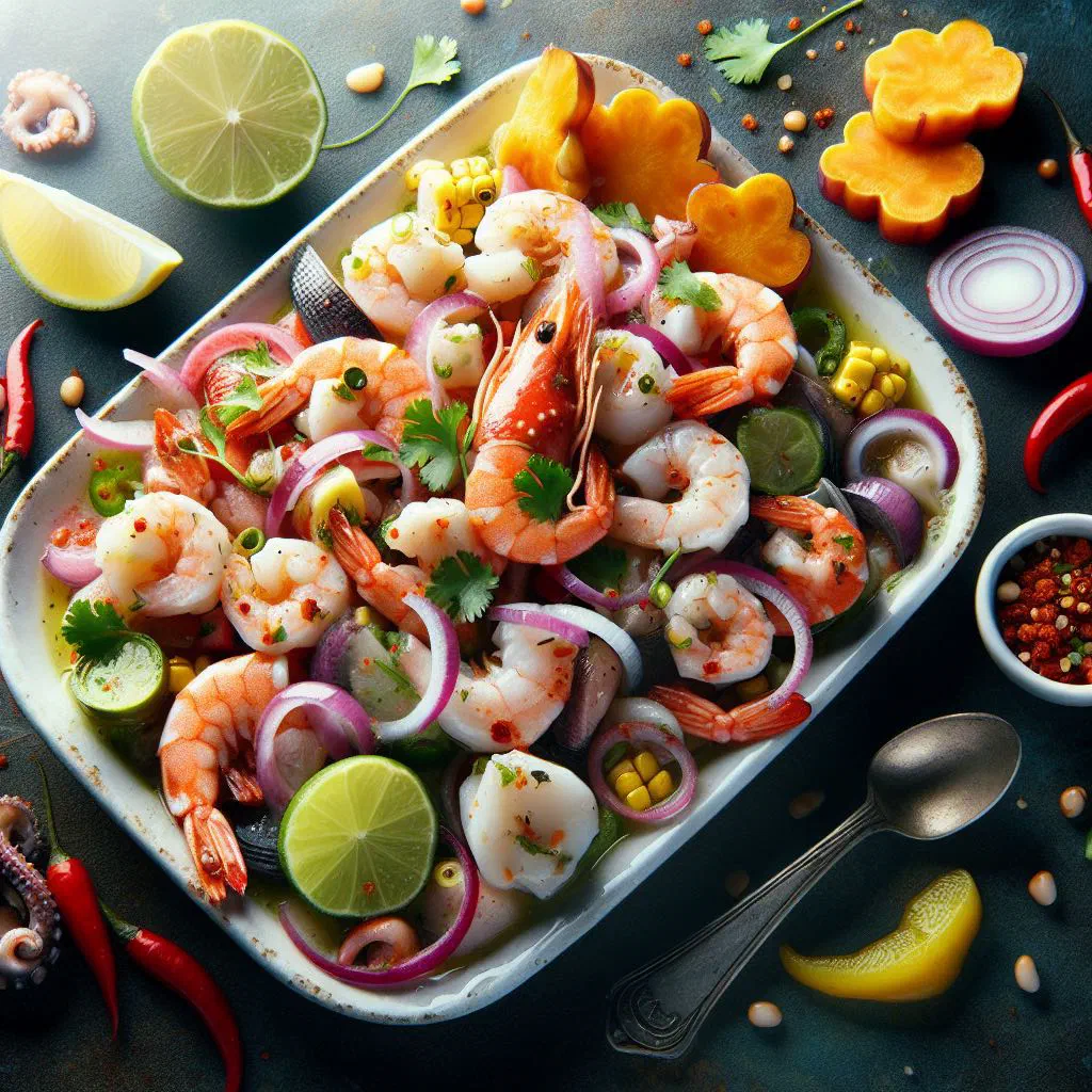 Ceviche mixto with fish, prawns and squid in lime marinade, topped with red onion and coriander