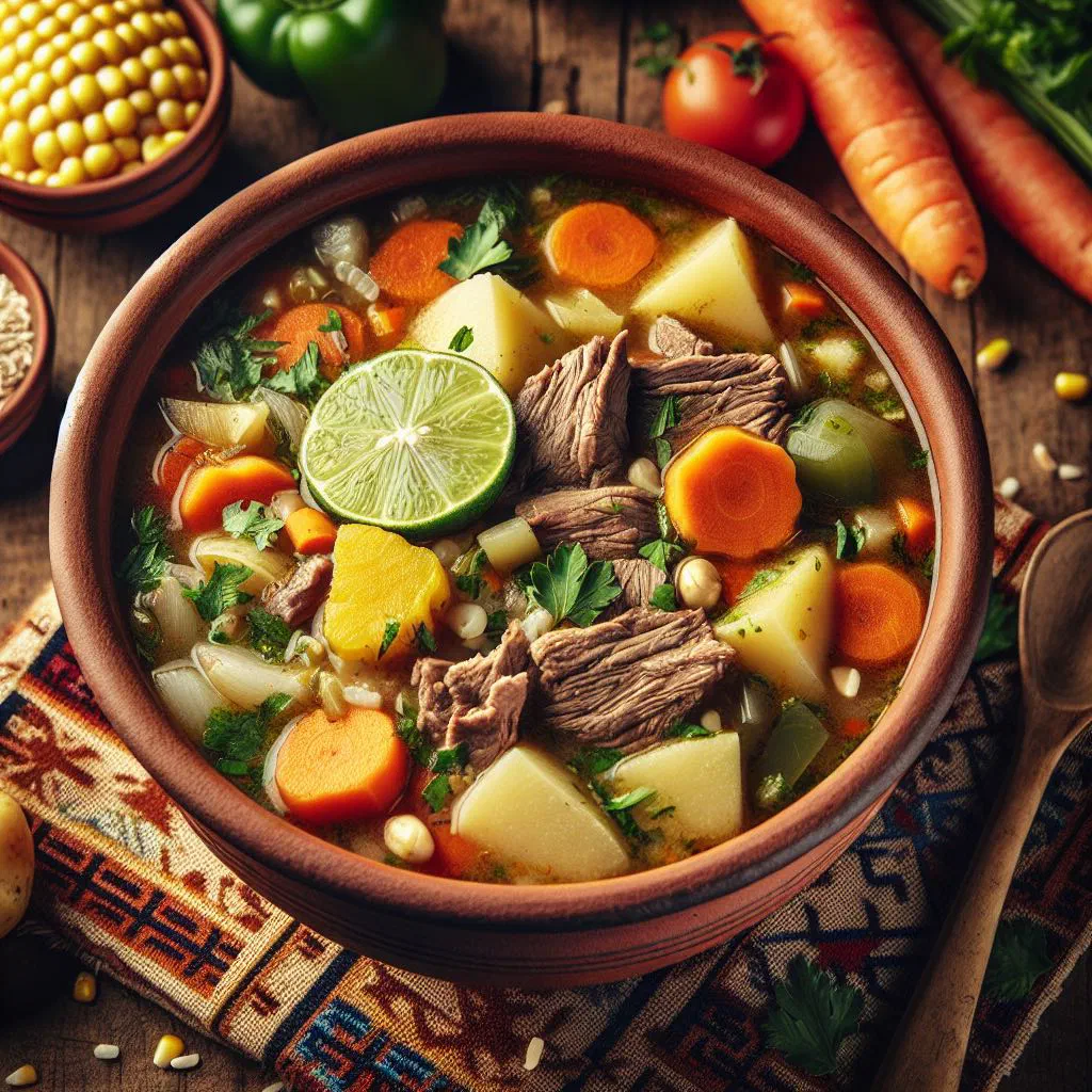 Bowl of Chairo Paceño soup with meat, vegetables and fresh herbs
