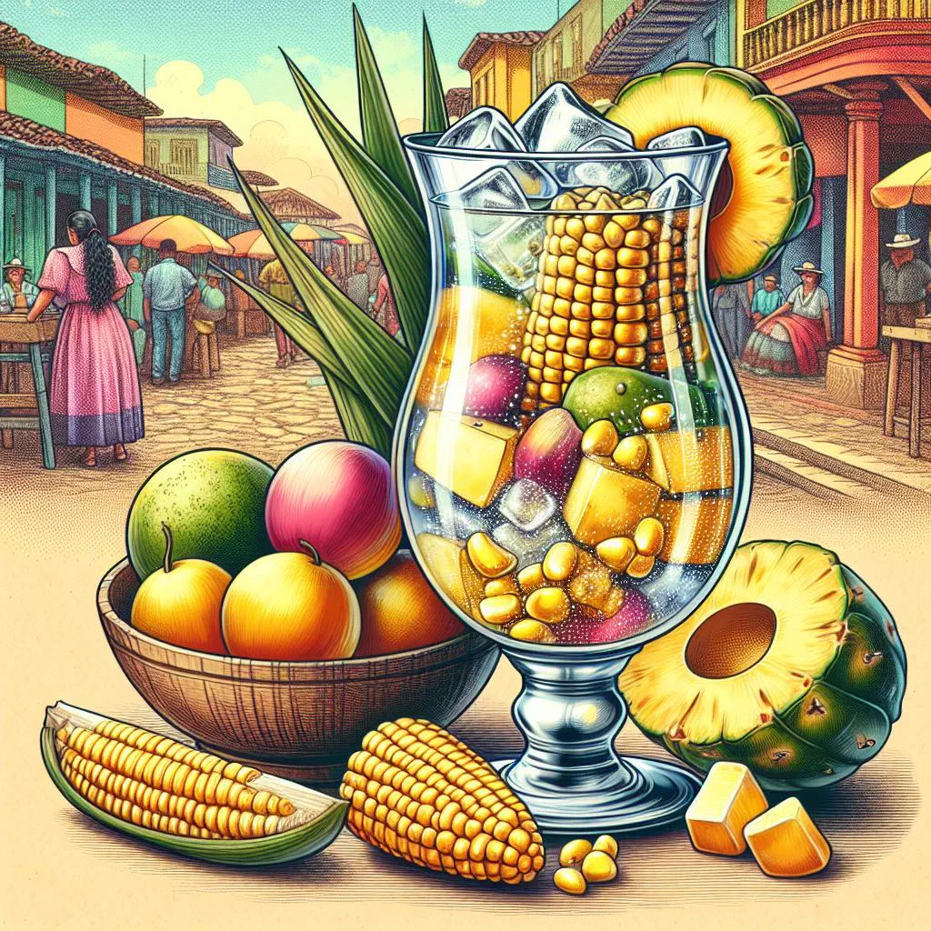Glass of Peruvian champús garnished with fresh pineapple pieces