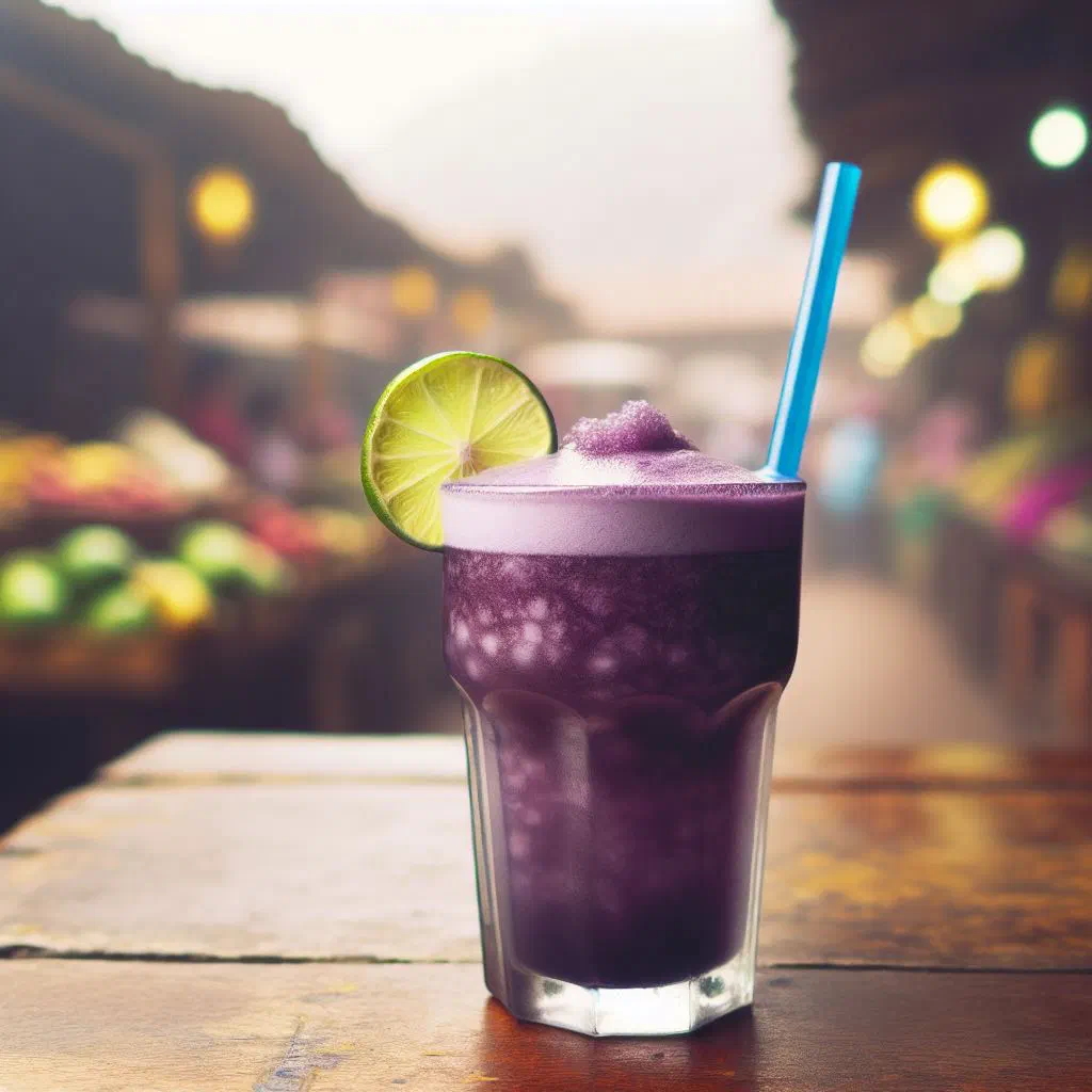 A tall glass of deep purple chicha morada garnished with lime and pineapple
