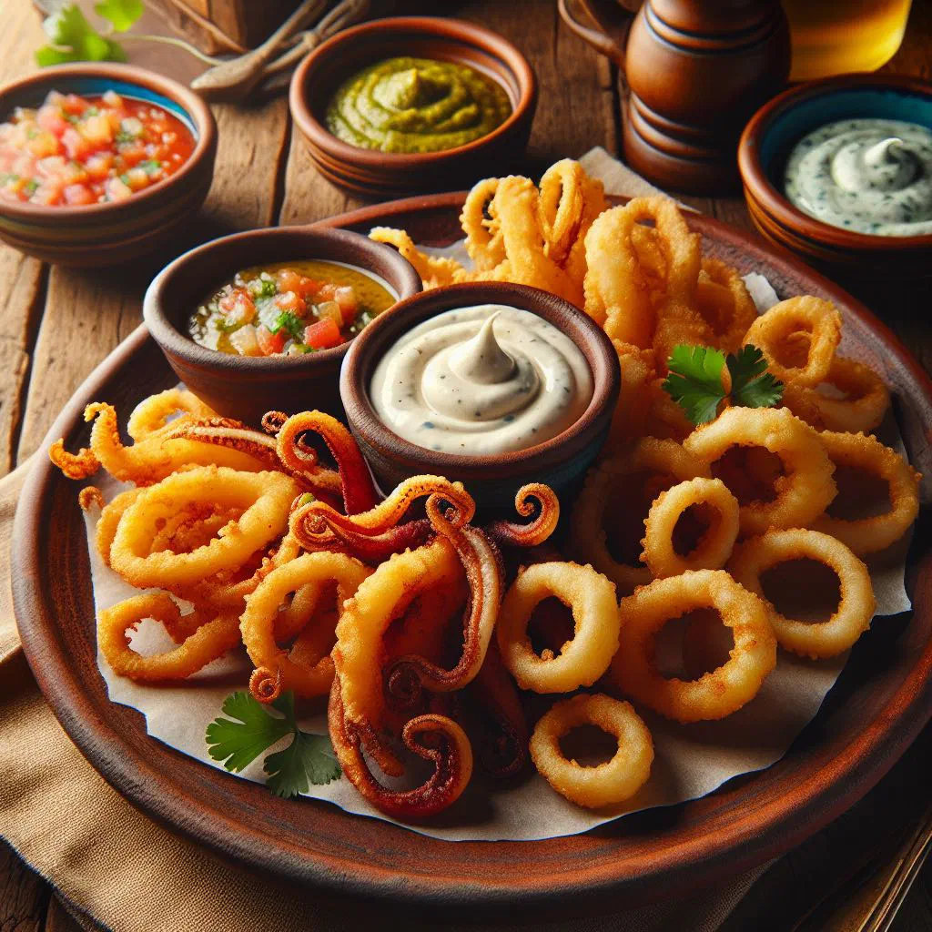 Crispy fried squid rings served with lime wedges and fresh salsa