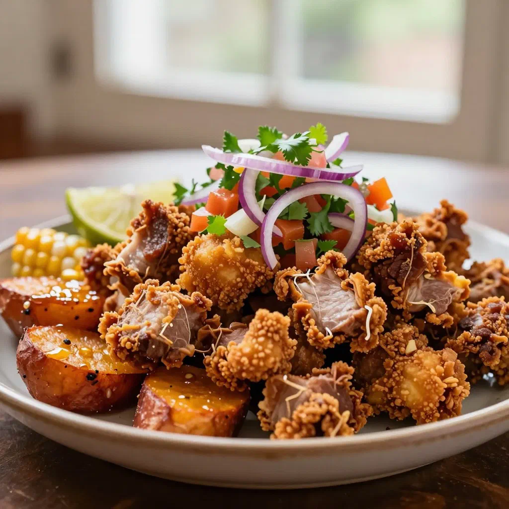 Crispy fried Peruvian chicharrón pork belly served with bread and lime