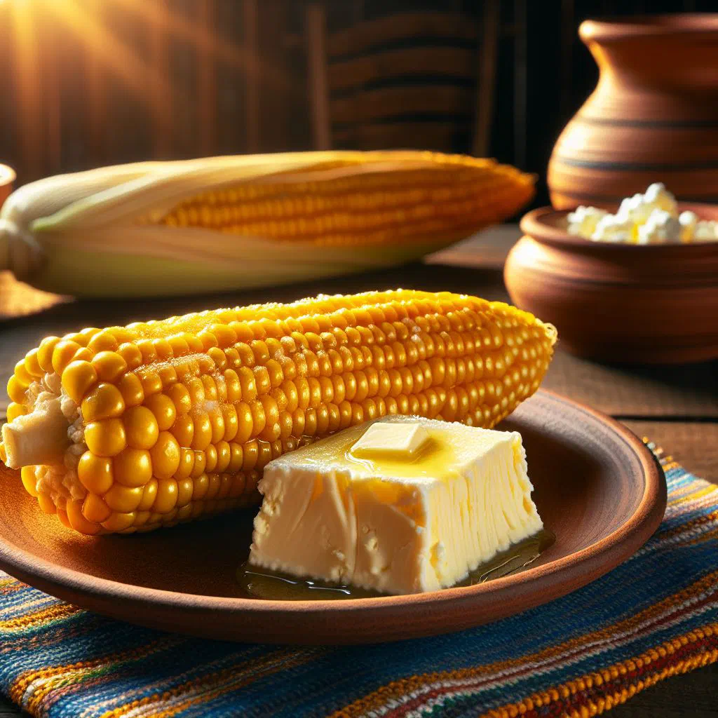 Boiled Peruvian corn cob served with slices of fresh white cheese
