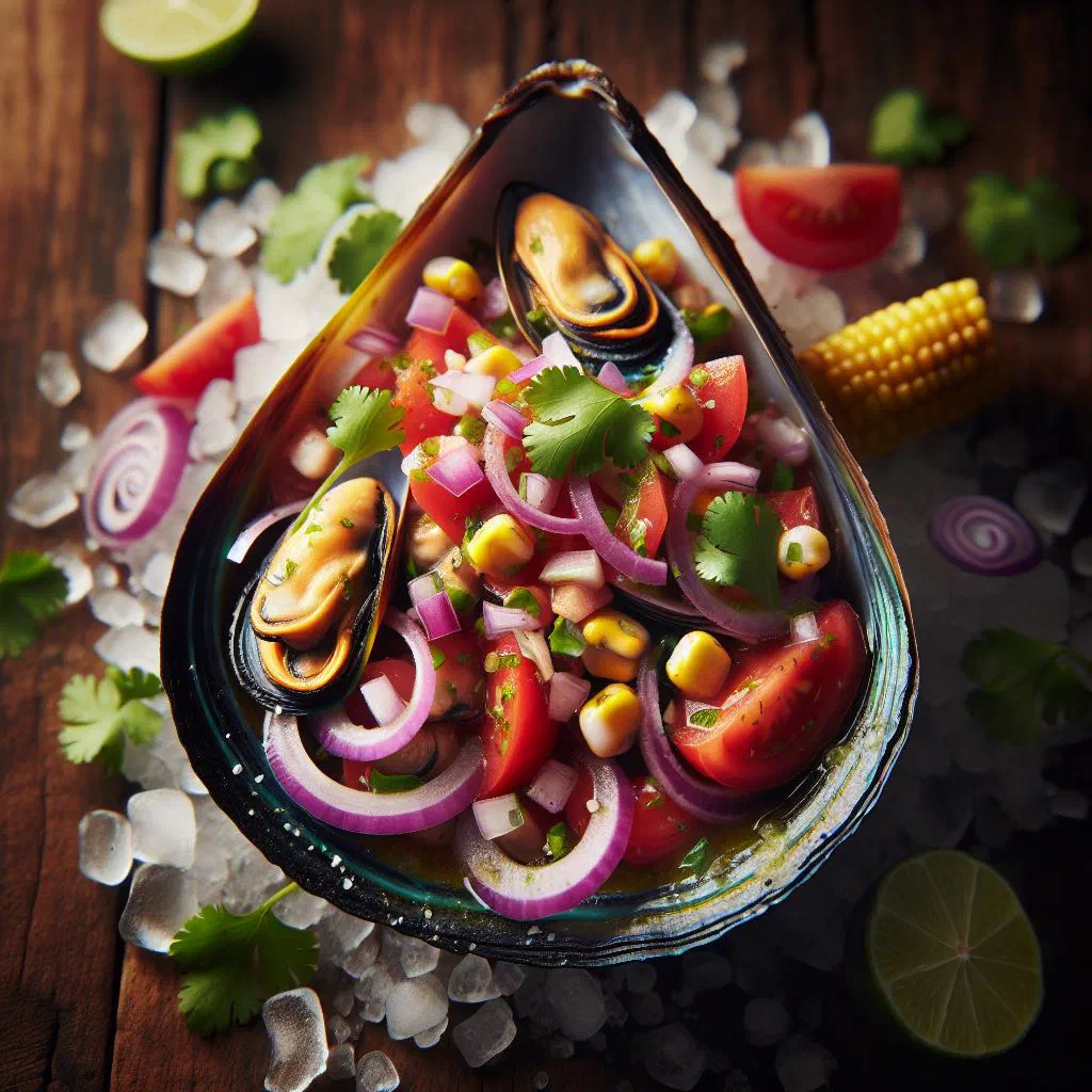Fresh mussels on the half shell topped with an onion, tomato and coriander salsa