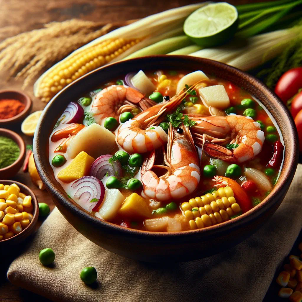 Creamy Peruvian prawn soup garnished with fresh coriander