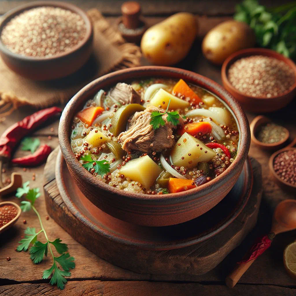 Bowl of creamy Peruvian quinoa soup topped with fresh cheese and herbs