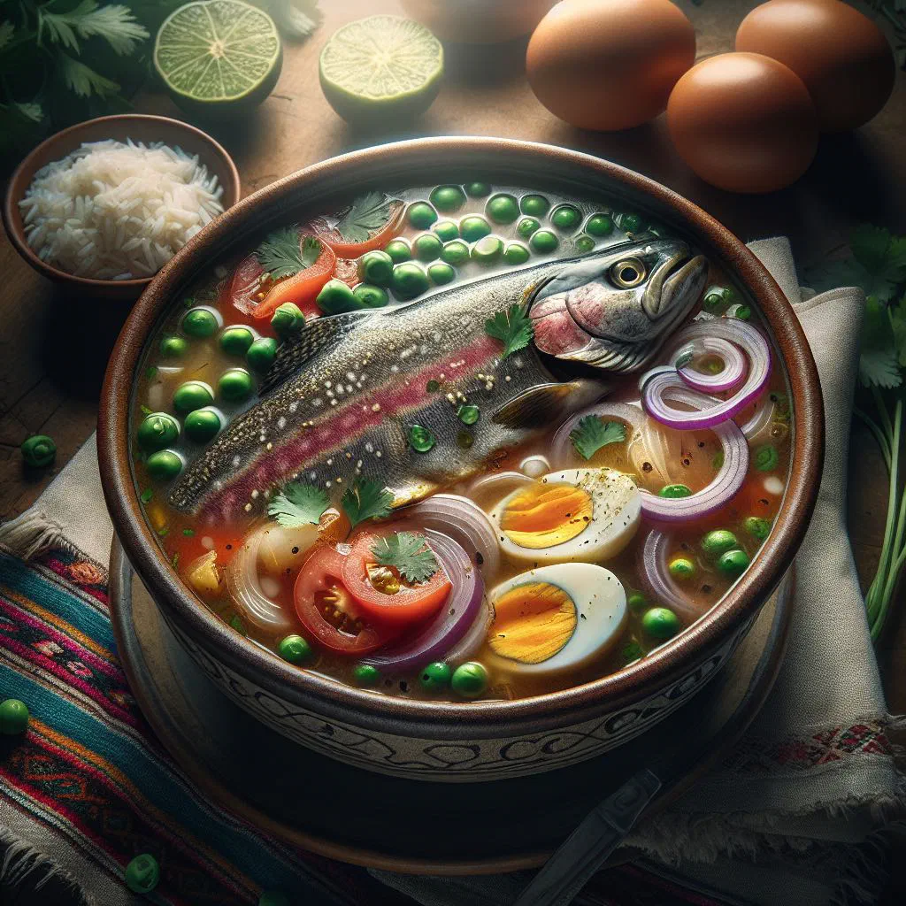 Creamy Peruvian trout soup garnished with fresh coriander