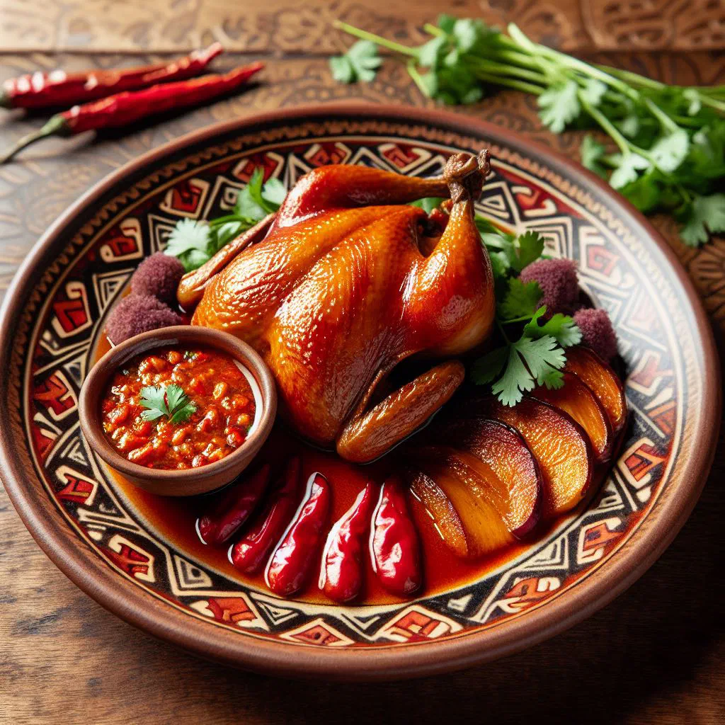 Braised duck in a rich red ají sauce garnished with fresh herbs