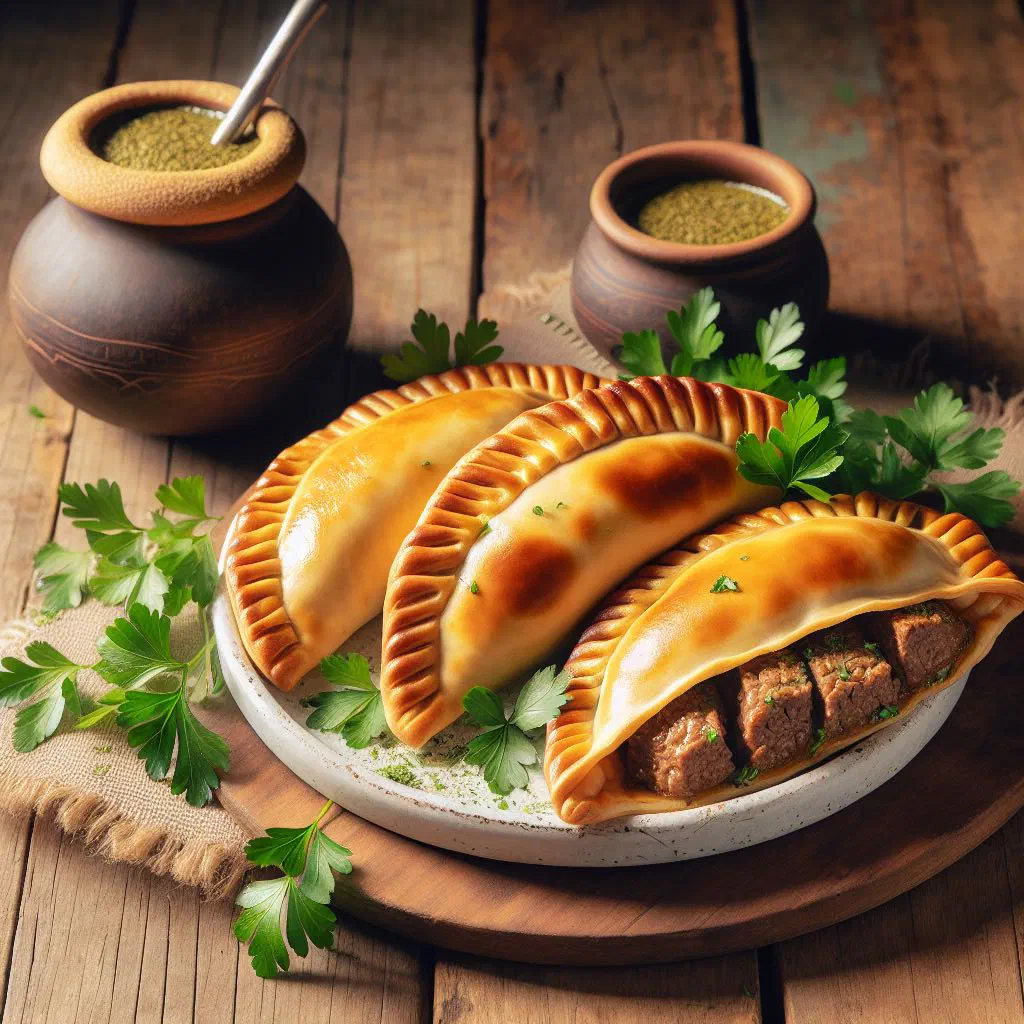 Golden baked Peruvian beef empanadas on a plate