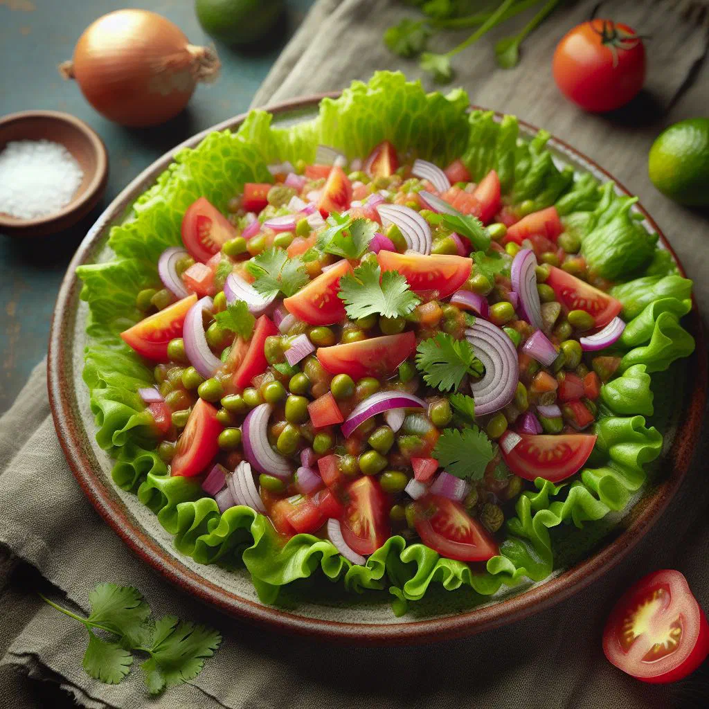 Colourful Peruvian tarwi bean salad with tomato, pepper and coriander