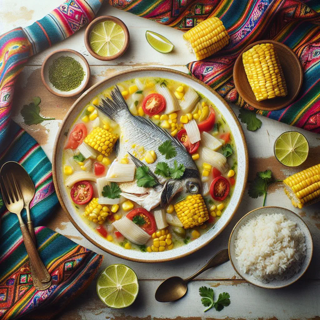 Peruvian espesado de pescado, fish simmered in a creamy sauce with coriander and rice