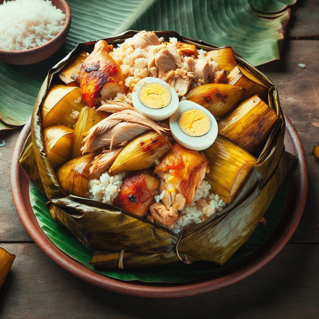 Juane de yuca parcels wrapped in banana leaf on a plate