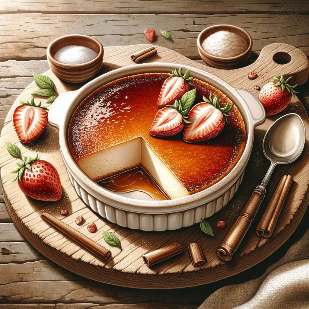 Golden baked milk pudding Leche Asada in a dish, topped with caramel