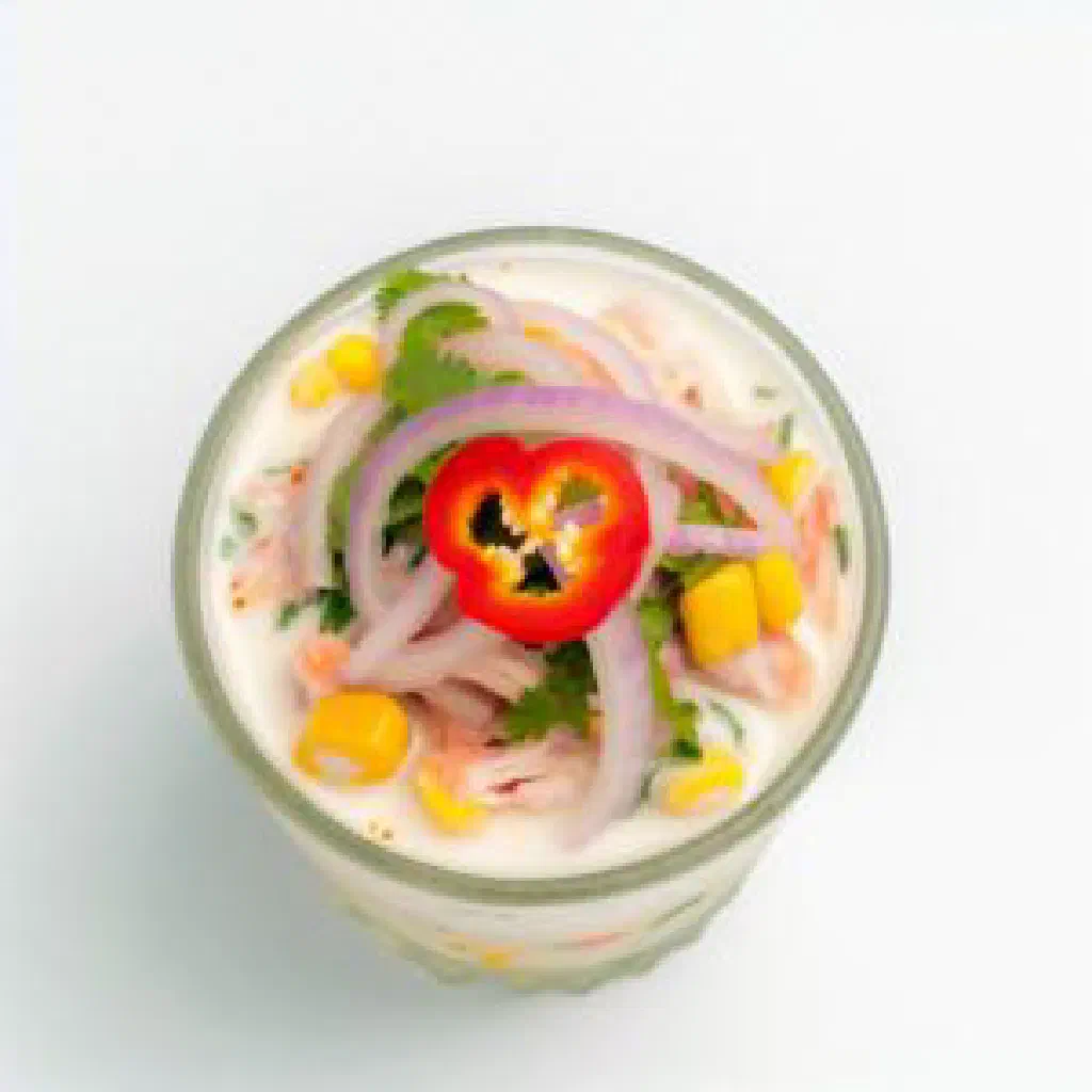A small glass of citrusy leche de tigre garnished with coriander and chilli