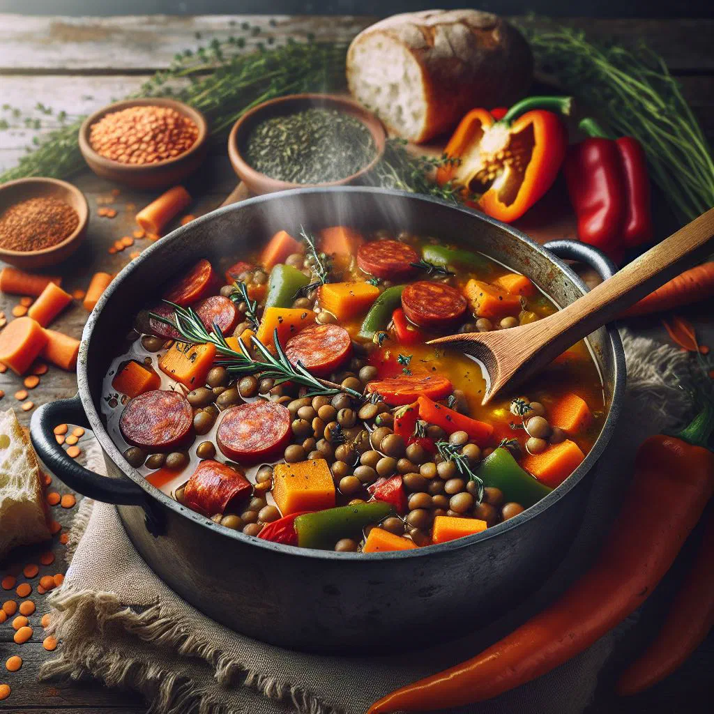 A bowl of stewed lentils with vegetables, garnished with fresh parsley