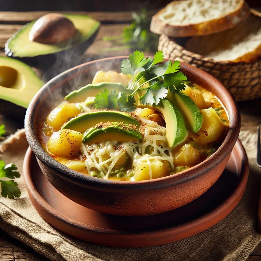 Creamy Peruvian potato and cheese soup garnished with fresh coriander